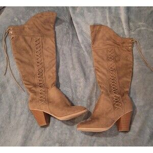 Journee Tan Over-The-Knee Heeled Boots Women 10 Suede Wide Calf